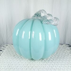 11" Hand-Blown Glass Centerpiece Teal Green Pumpkin Textured Stem Fall Autumn